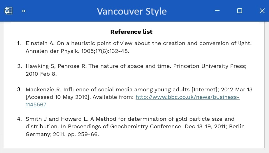 Vancouver referencing style Bibliography